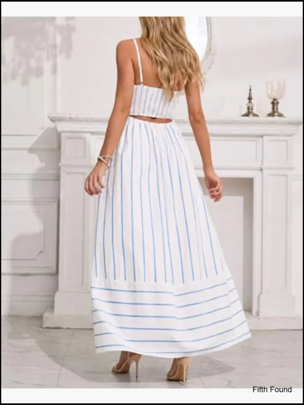 Women's Striped Back Smocked Maxi Dress Spaghetti Strap Cut Out Swing Long - Picture 3 of 6